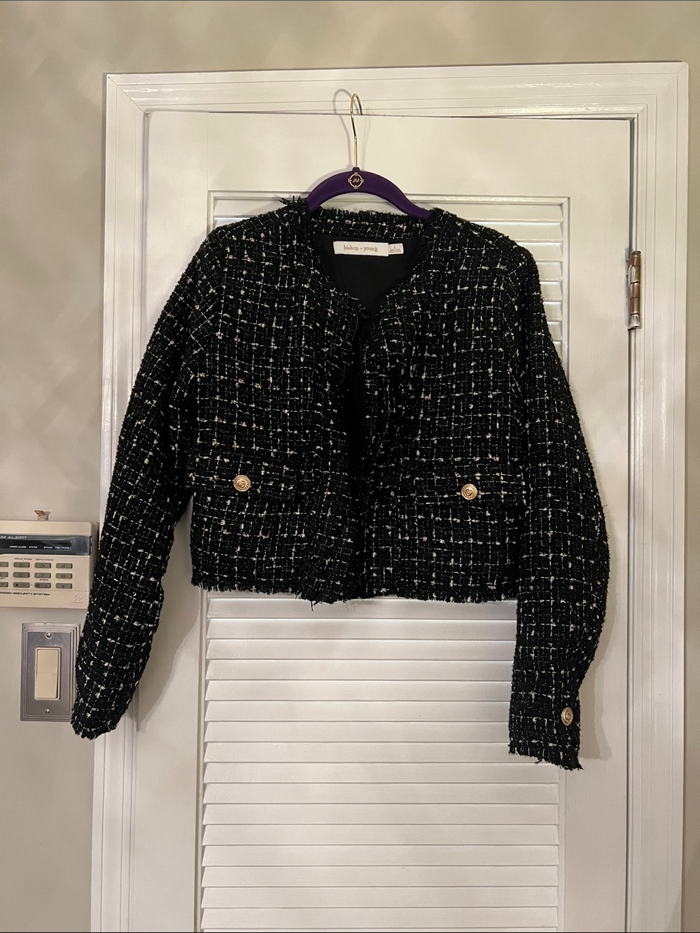 bishop + young Black Tweed Cropped Blazer with Gold Buttons